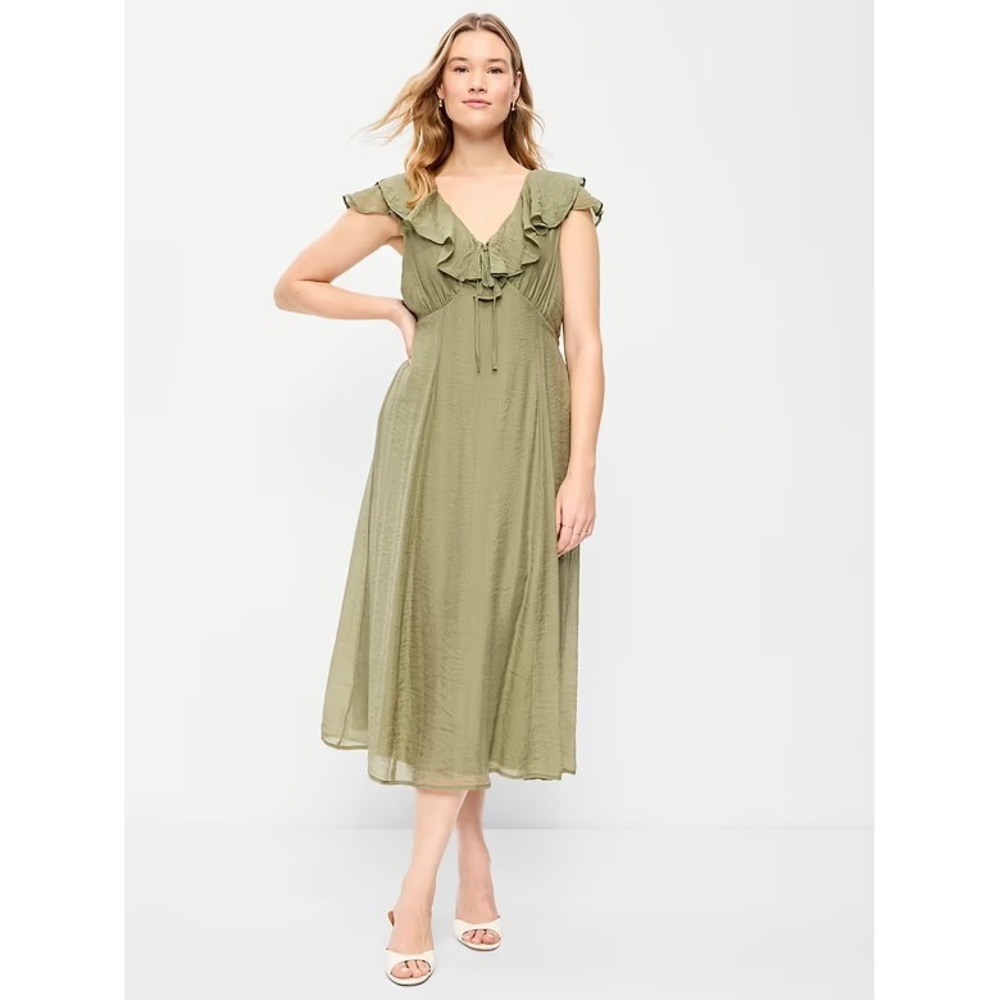 NWT Old Navy XL‎ TALL Olive Green Ruffle Midi Dress Tie Front Flowy Garden Party